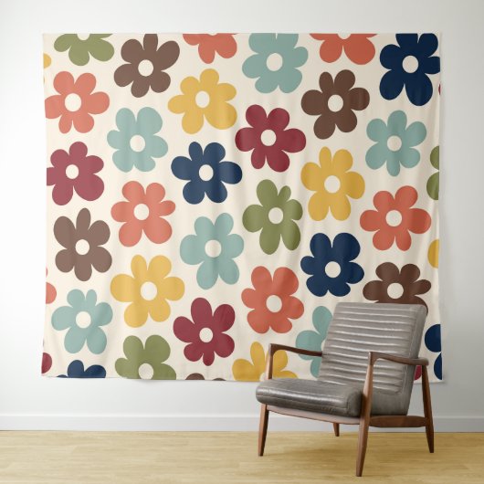 Colorful Retro Floral Pattern Wandkleed (In Situ (horizontaal))