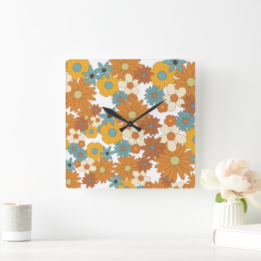 Colorful Retro Flower Pattern Vierkante Klok (Huis)