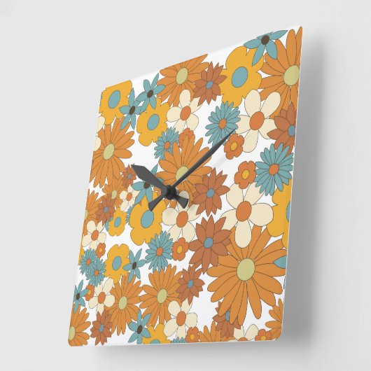 Colorful Retro Flower Pattern Vierkante Klok (Hoek)