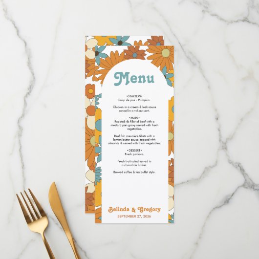 Colorful Retro Flowers 60's 70's Arch Wedding Menu (Voorkant / Achterkant in situ)
