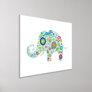 Colorful Retro Flowers Elephant Illustratie Folie Afdrukken