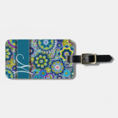 Colorful Retro Flowers met Monogram Bagagelabel (Voorkant horizontaal)
