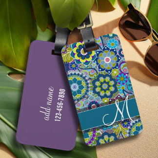 Colorful Retro Flowers met Monogram Bagagelabel