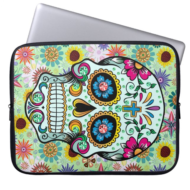 Colorful Retro Flowers Skull 2 Laptop Sleeve (Voorkant)