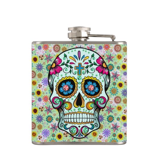 Colorful Retro Flowers Skull Heupfles (Achterkant)