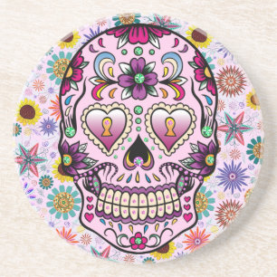 Colorful Retro Flowers Skull Zandsteen Onderzetter