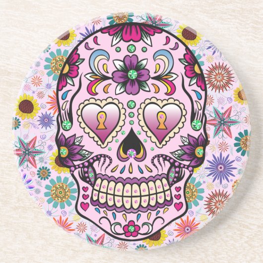 Colorful Retro Flowers Skull Zandsteen Onderzetter (Voorkant)
