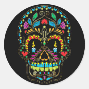 Colorful Retro Flowers Sugar Skull Ronde Sticker