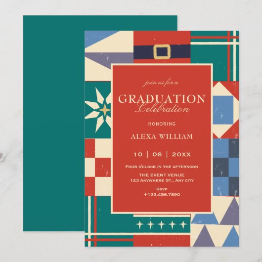 Colorful retro geometric graduation kaart (Voorkant / Achterkant)