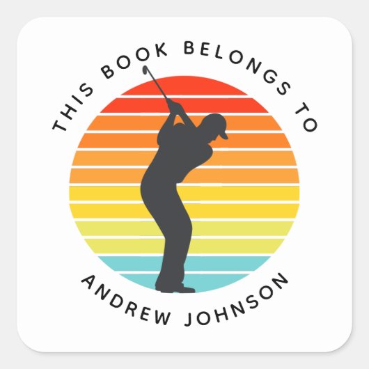 Colorful Retro Golfer Silhouette Name Bookplaat Vierkante Sticker (Voorkant)