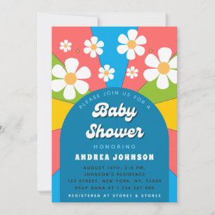 Colorful Retro Groovy Daisy Floral Baby shower 70 Kaart