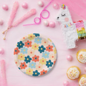 Colorful Retro Hippie Flower Pattern Papieren Bordje (Feest)