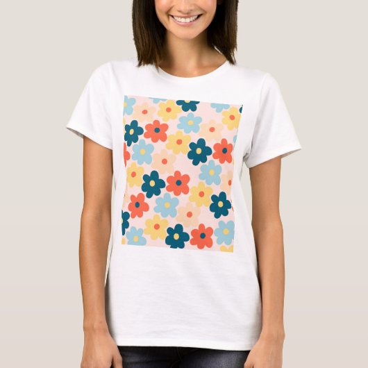 Colorful Retro Hippie Flower Pattern T-shirt (Voorkant)