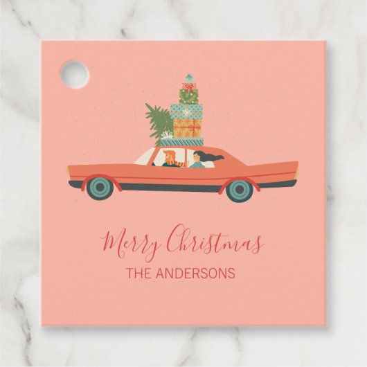 Colorful Retro Kerstfeestwagen Bedankjes Labels (Voorkant)
