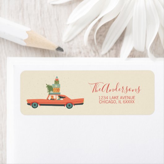 Colorful Retro Kerstfeestwagen Etiket (Insitu)