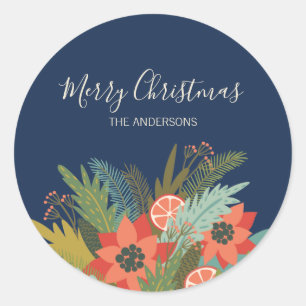 Colorful Retro KerstFloral Ronde Sticker