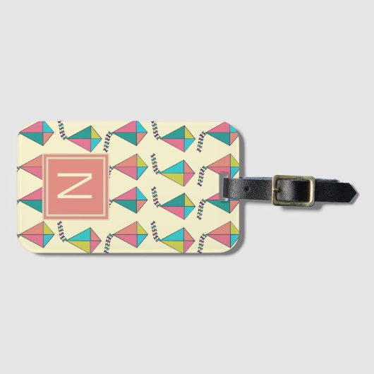 Colorful Retro Kite Pattern Monogram Bagagelabel (Voorkant (horizontaal))