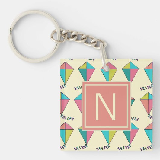 Colorful Retro Kite Pattern Monogram Sleutelhanger (Voorkant)