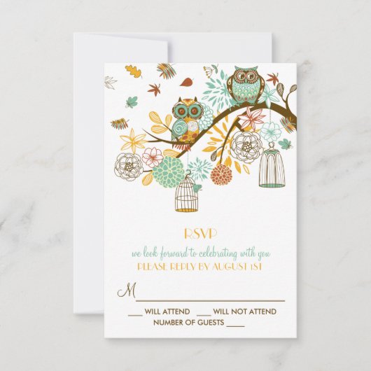 Colorful Retro Owls Fall Wedding RSVP Card (Voorkant)