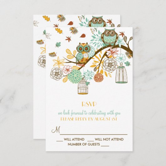 Colorful Retro Owls Fall Wedding RSVP Card (Voorkant / Achterkant)