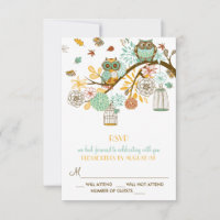 Colorful Retro Owls Fall Wedding RSVP Card
