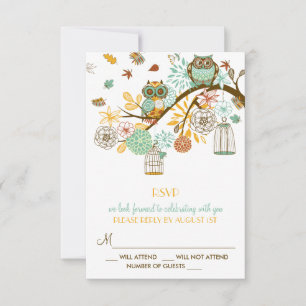 Colorful Retro Owls Fall Wedding RSVP Card