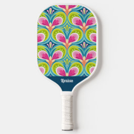 Colorful Retro Pattern Monogram Name Pickleball Paddle