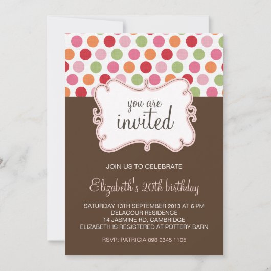 Colorful Retro Polka Dots Birthday Invitation Kaart (Voorkant)