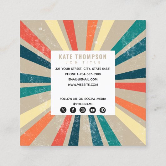 Colorful Retro Rainbow Sunburst QR Code Vierkante Visitekaartje (Achterkant)