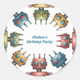 Colorful Retro Robots Boy Birthday Party Ronde Sticker