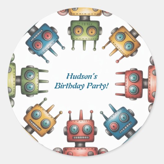 Colorful Retro Robots Boy Birthday Party Ronde Sticker (Voorkant)