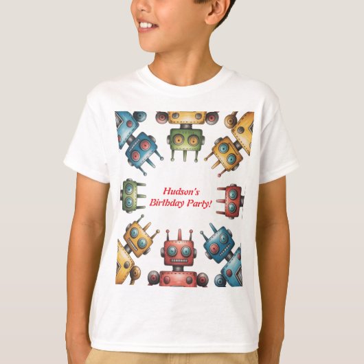 Colorful Retro Robots Boy Birthday Party T-shirt (Voorkant)