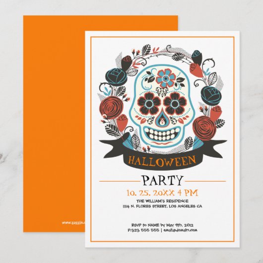 Colorful retro skull Halloween Party Invitation Kaart (Voorkant / Achterkant)