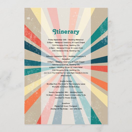 Colorful Retro Sunburst Weddenrenroute Programmakaart (Achterkant)