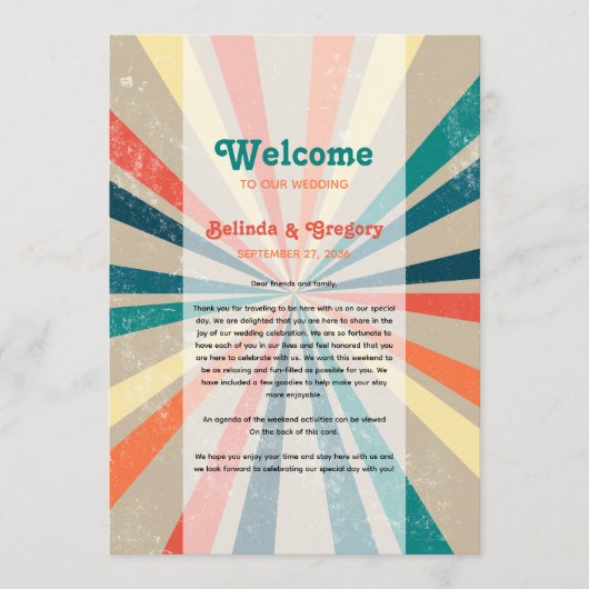Colorful Retro Sunburst Weddenrenroute Programmakaart (Voorkant)