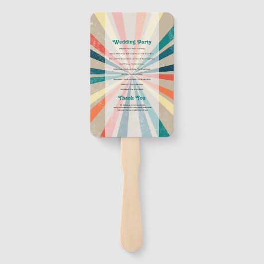 Colorful Retro Sunburst Wedding Programme Handwaaier (Achterkant)