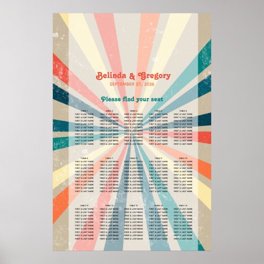 Colorful Retro Sunburst Wedding Seding Chart Poster (Voorkant)