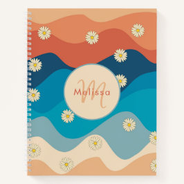 Colorful Retro Waves & Daisies Patroonmonogram Notitieboek