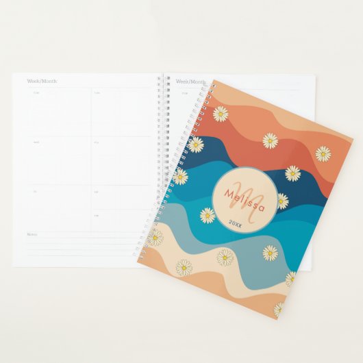 Colorful Retro Waves & Daisies Patroonmonogram Planner (Display)