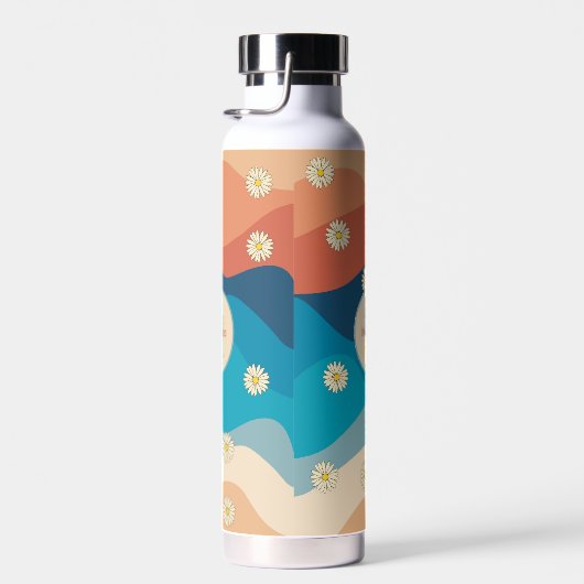 Colorful Retro Waves & Daisies Patroonmonogram Waterfles (Rechts)