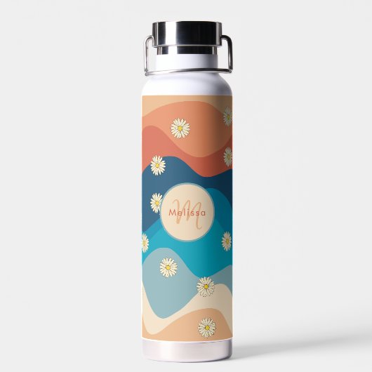 Colorful Retro Waves & Daisies Patroonmonogram Waterfles (Achterkant)