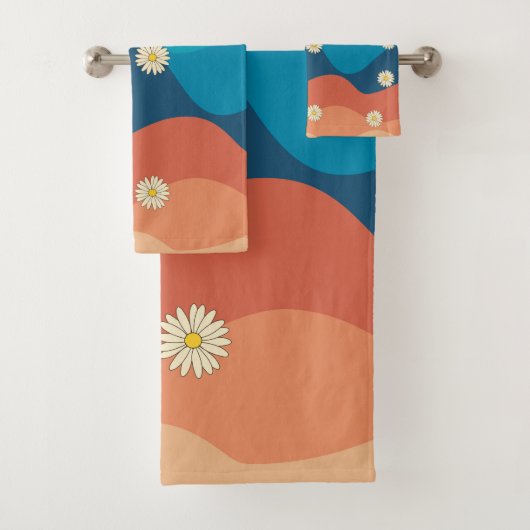 Colorful Retro Waves & Daisies Pattern Bad Handdoek (Insitu)