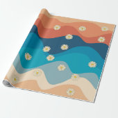 Colorful Retro Waves & Daisies Pattern Cadeaupapier (Uitgerold)