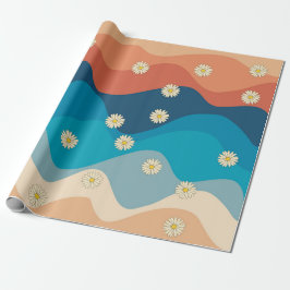 Colorful Retro Waves & Daisies Pattern Cadeaupapier