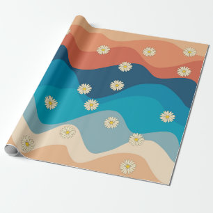 Colorful Retro Waves & Daisies Pattern Cadeaupapier