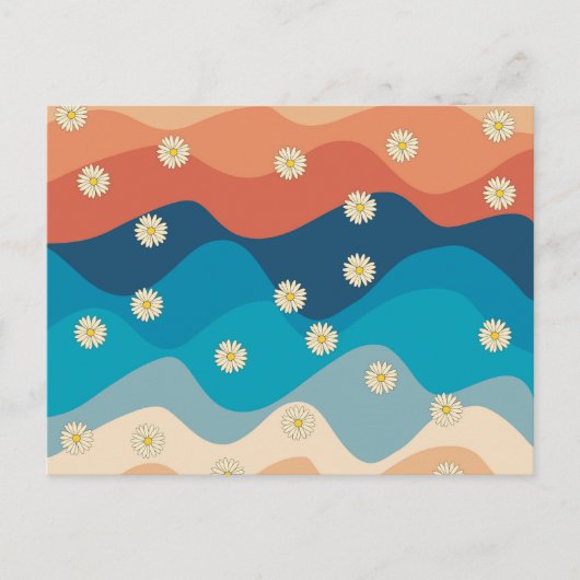 Colorful Retro Waves & Daisies Pattern Feestdagenkaart (Voorkant)