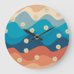 Colorful Retro Waves & Daisies Pattern Grote Klok