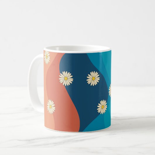 Colorful Retro Waves & Daisies Pattern Koffiemok (Voorkant links)