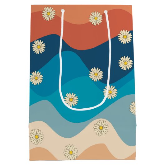 Colorful Retro Waves & Daisies Pattern Medium Cadeauzakje (Achterkant)