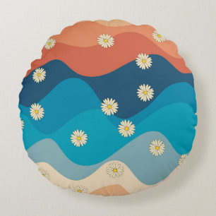 Colorful Retro Waves & Daisies Pattern Rond Kussen